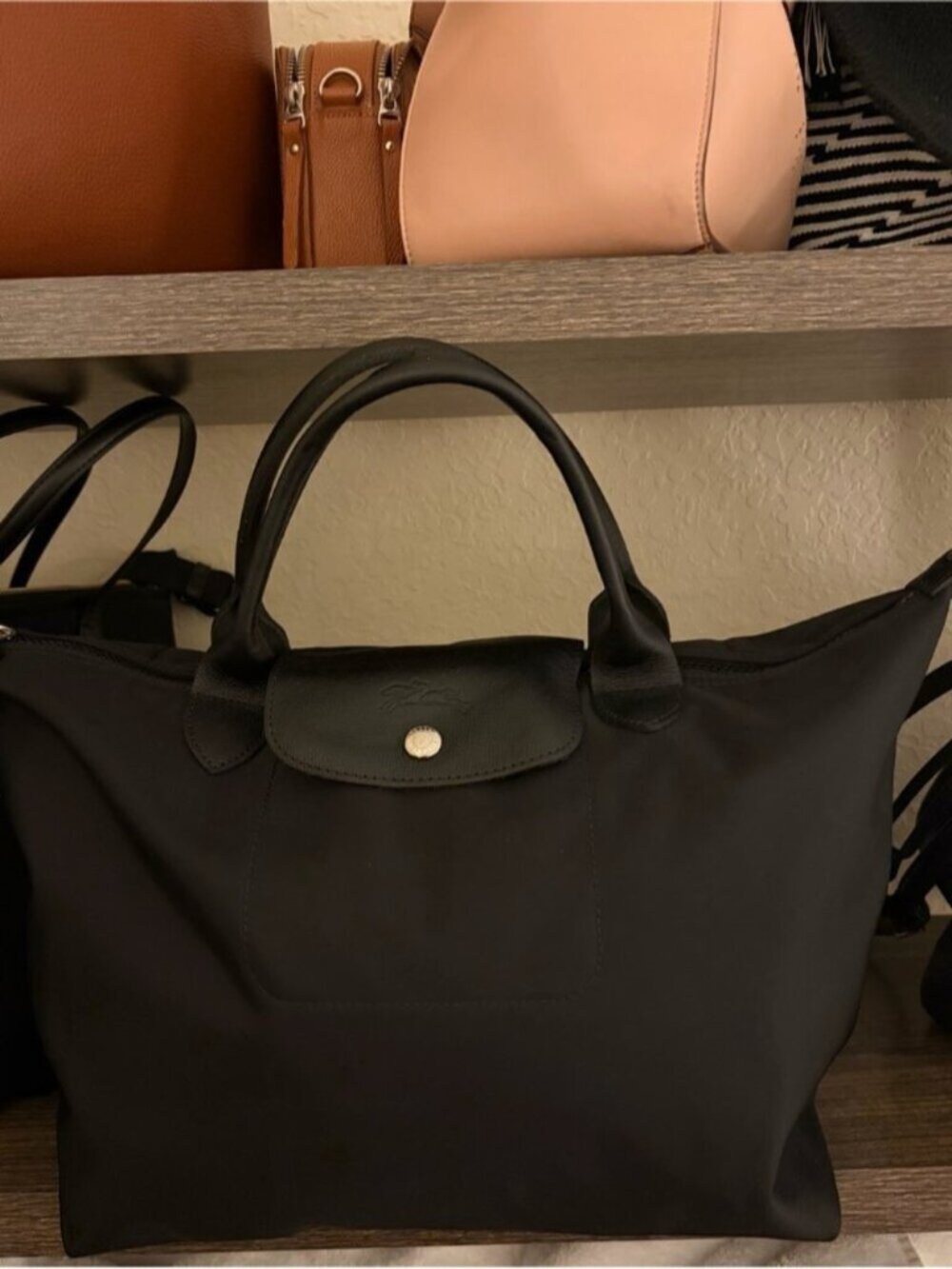 Longchamp Black Nylon Le Pliage Top-Handle Tote